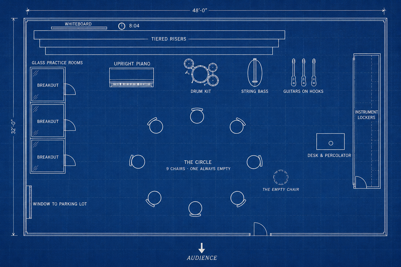 Blueprint ground plan of the band-room set — tiered risers, glass practice rooms, instrument wall, the circle of chairs, and the one empty chair