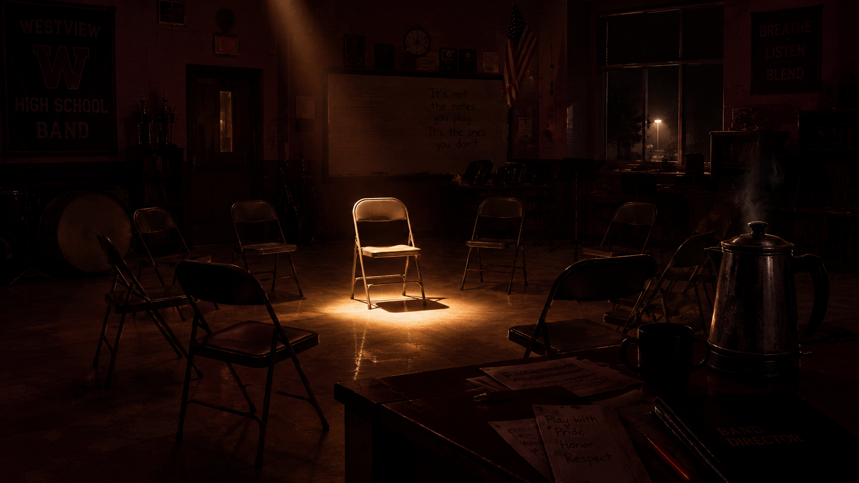A circle of folding chairs at night, one chair empty under a single warm spotlight, the room in deep maroon shadow
