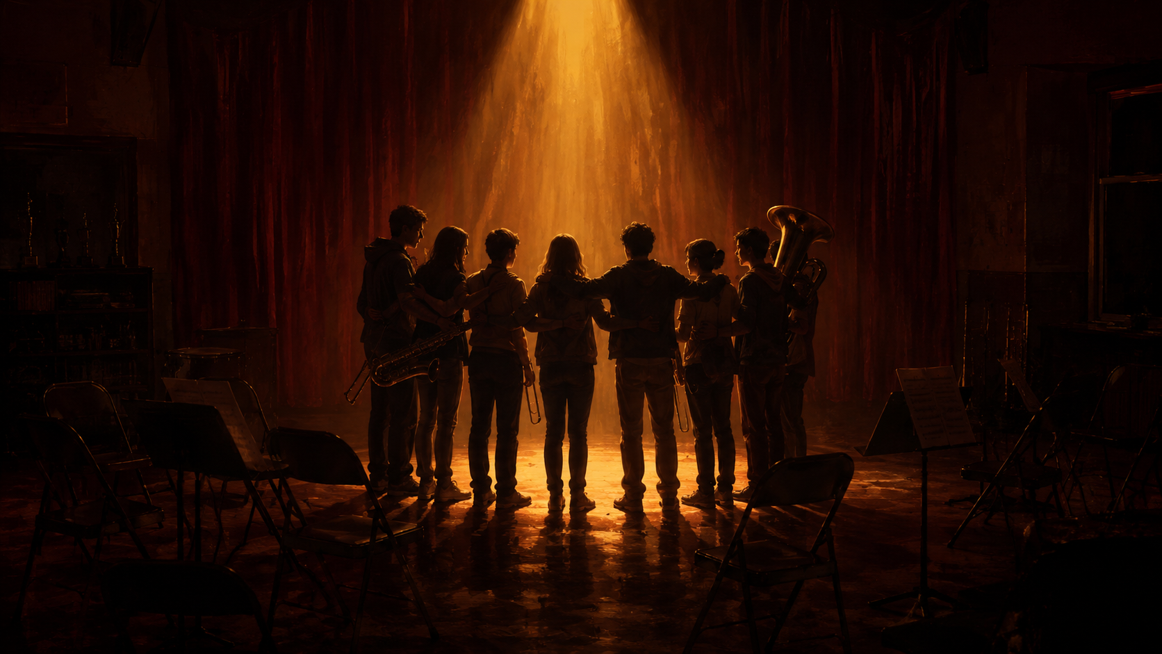 Act One finale: eight people standing in a circle in the band room, holding instruments and each other, lit by a single golden wash