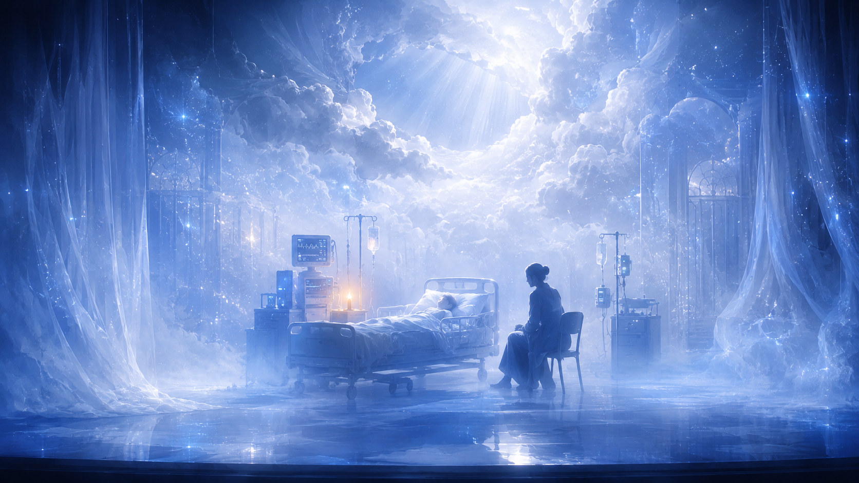 An ethereal upper-stage dream plane: a hospital ICU rendered as a dream, a child's bed and soft glowing machines, a single silhouette keeping vigil in cold blue light
